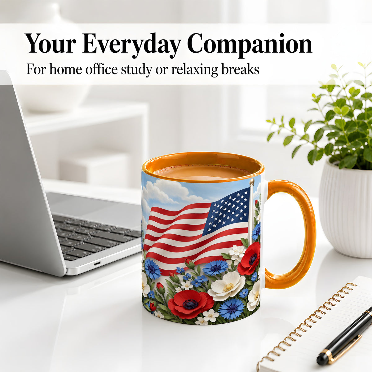 #pl[11oz|Orange] American Flag Floral Ceramic Mug, Red White Blue Artwork