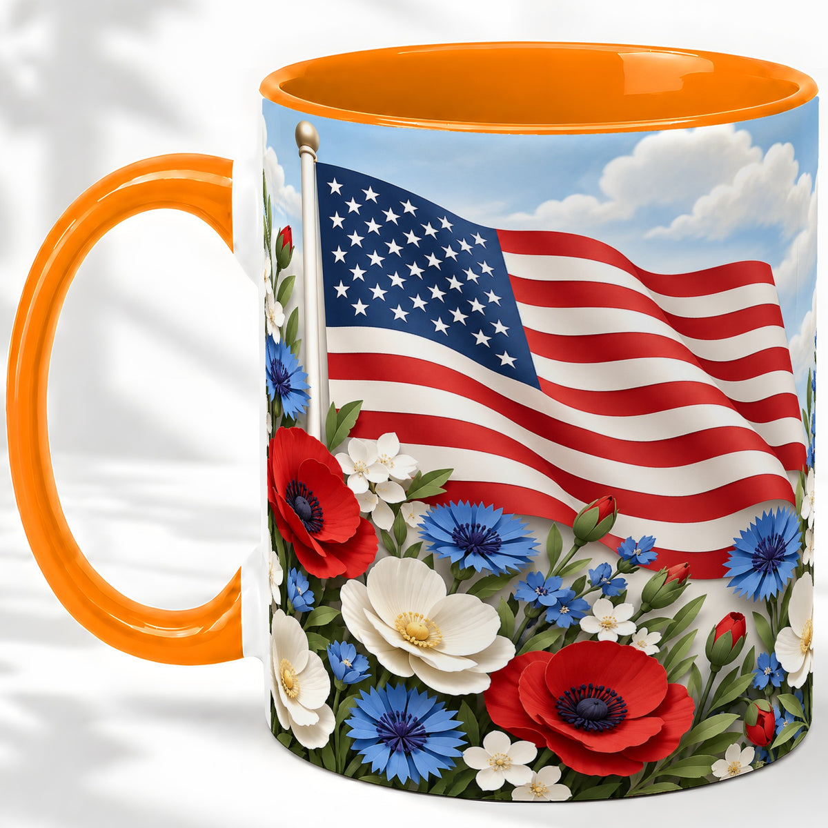 #pl[11oz|Orange] American Flag Floral Ceramic Mug, Red White Blue Artwork