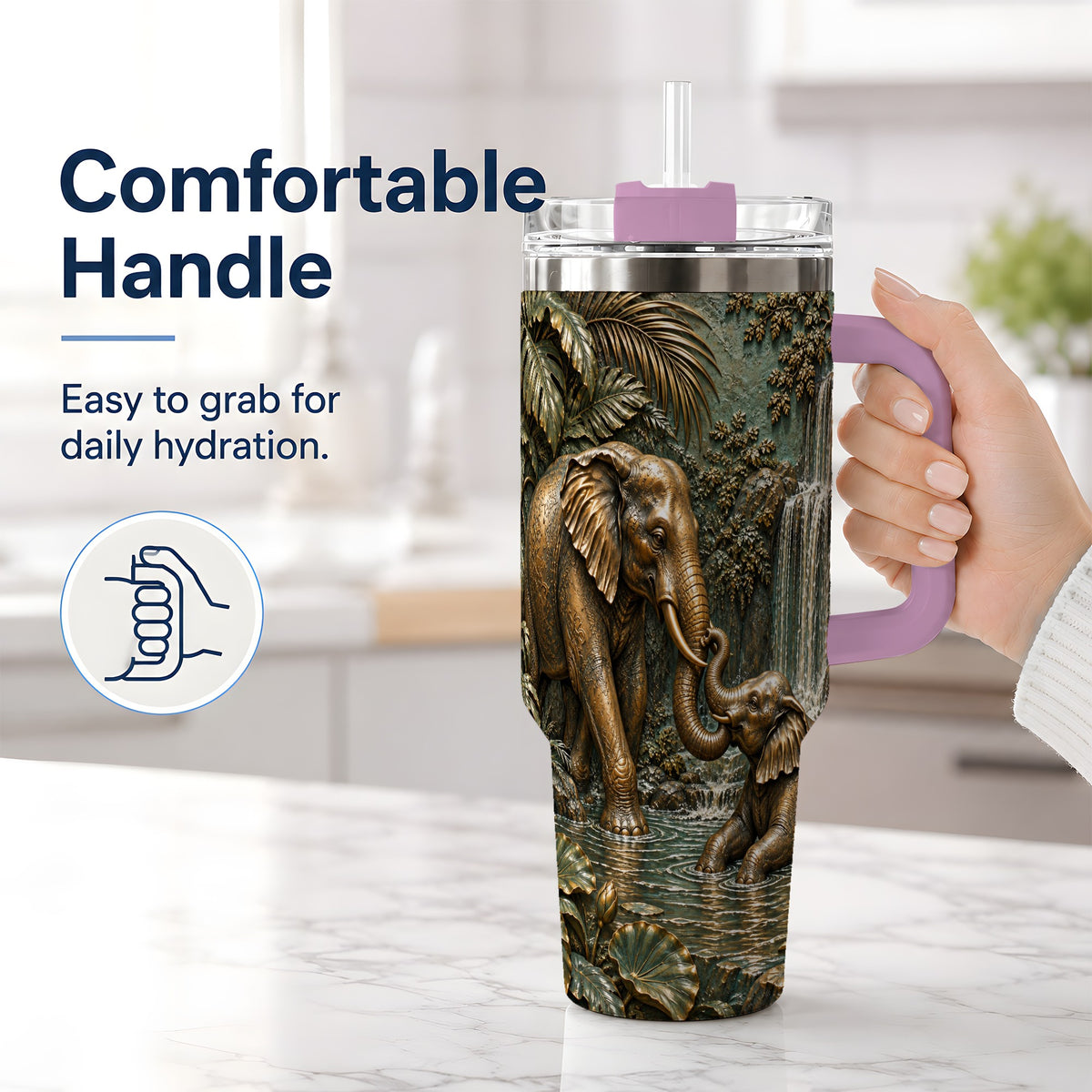 #pl[40oz|Pink] Elephant Family 40oz Tumbler, Bronze Style Jungle Artwork
