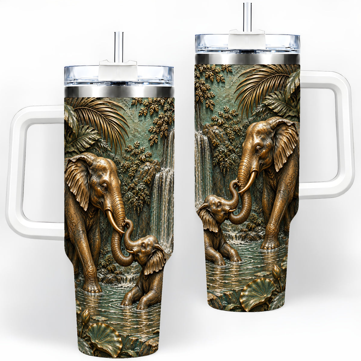 Elephant Family 40oz Tumbler, Bronze Style Jungle Artwork