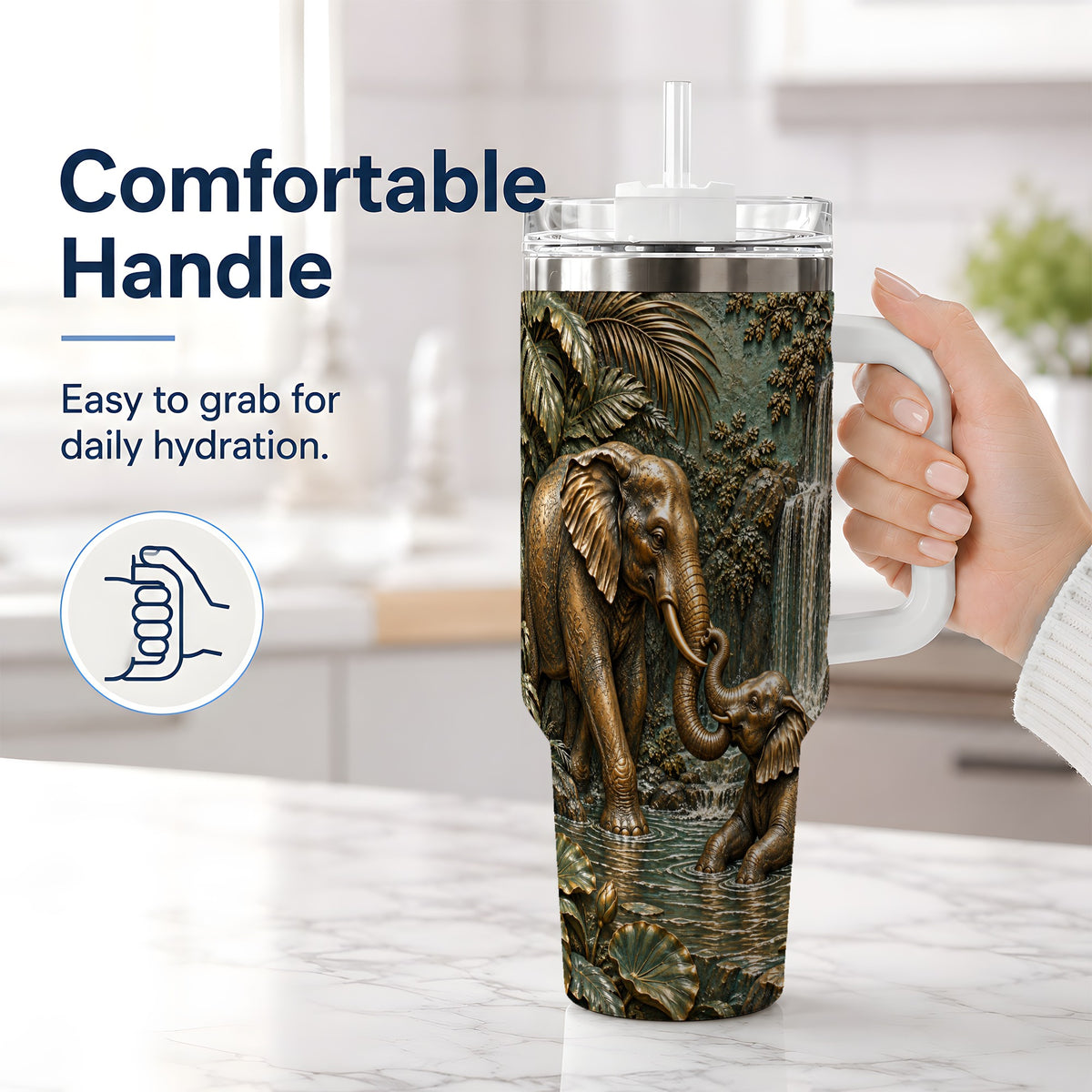 #pl[40oz|White] Elephant Family 40oz Tumbler, Bronze Style Jungle Artwork