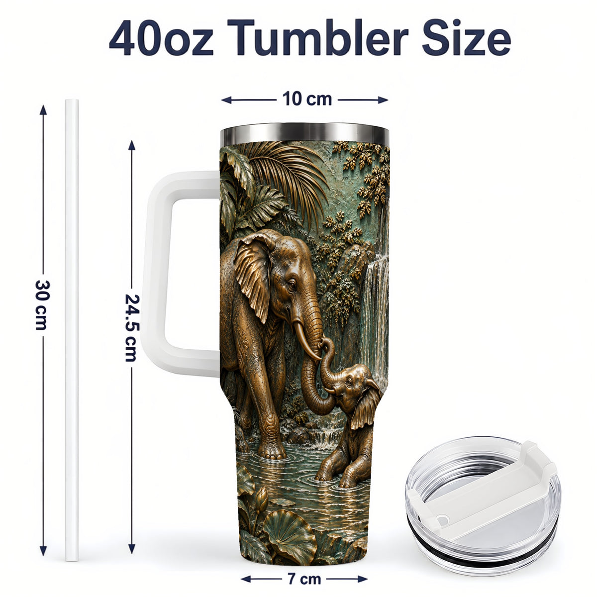 #pl[40oz|White] Elephant Family 40oz Tumbler, Bronze Style Jungle Artwork