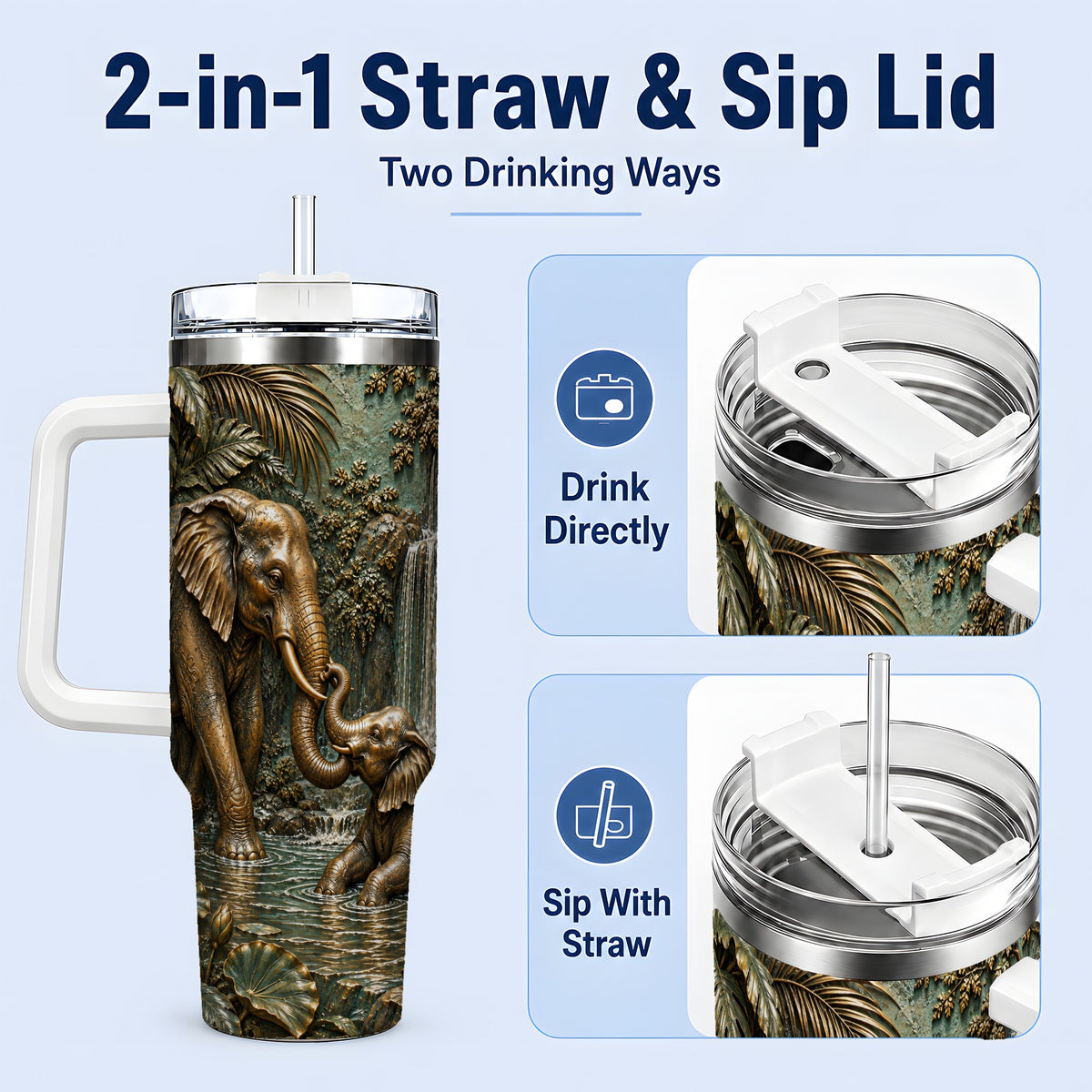 #pl[40oz|White] Elephant Family 40oz Tumbler, Bronze Style Jungle Artwork