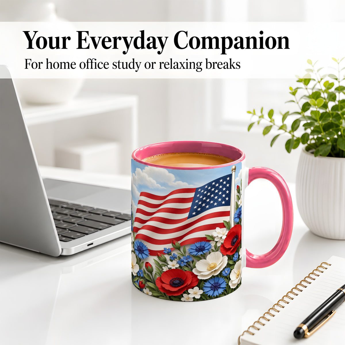 #pl[11oz|Pink] American Flag Floral Ceramic Mug, Red White Blue Artwork