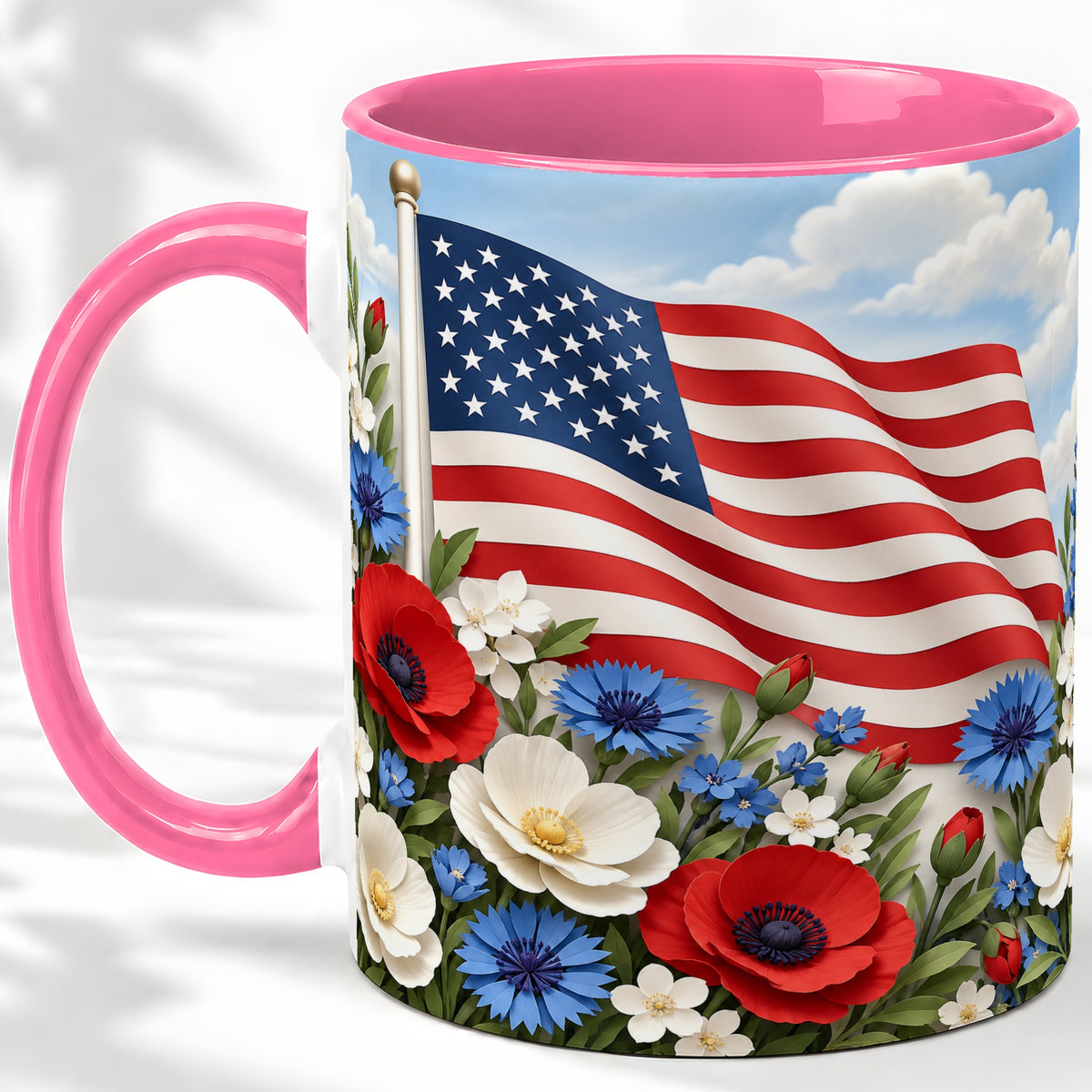 #pl[11oz|Pink] American Flag Floral Ceramic Mug, Red White Blue Artwork