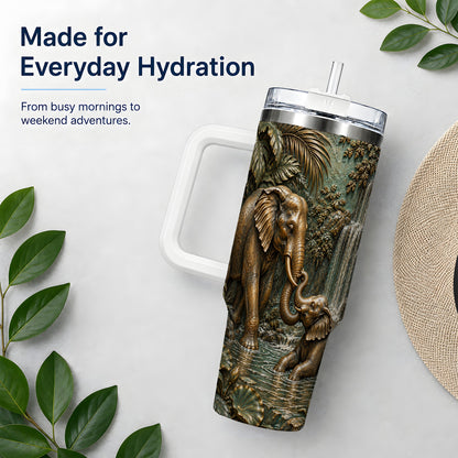 Elephant Family 40oz Tumbler, Bronze Style Jungle Artwork