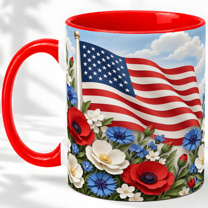 American Flag Floral Ceramic Mug, Red White Blue Artwork