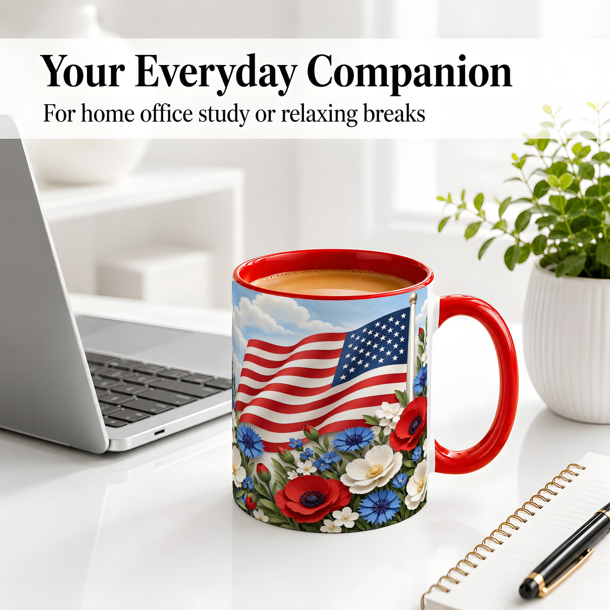 #pl[11oz|Red] American Flag Floral Ceramic Mug, Red White Blue Artwork