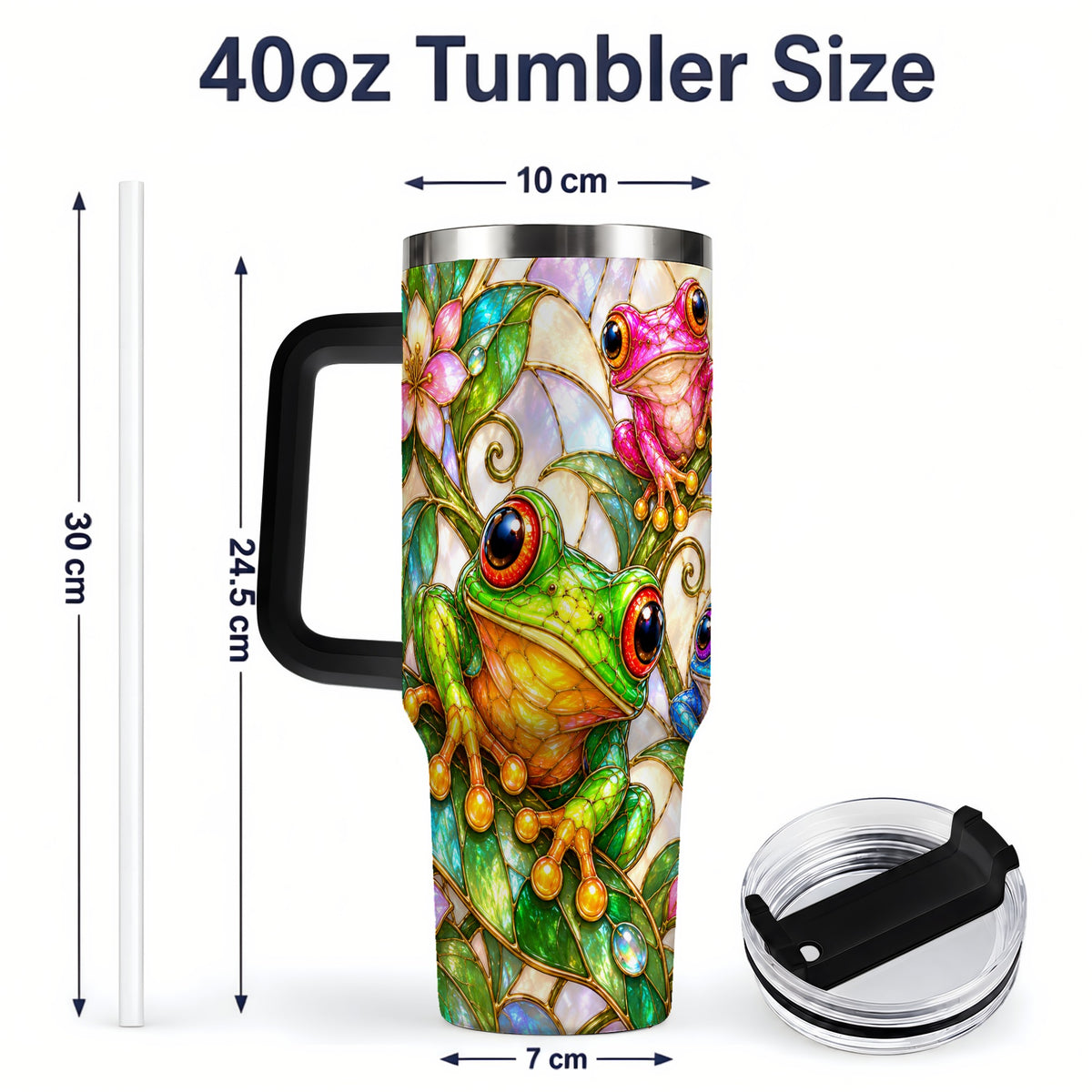 #pl[40oz|Black] Colorful Frog 40oz Tumbler, Stained Glass Style Floral Artwork