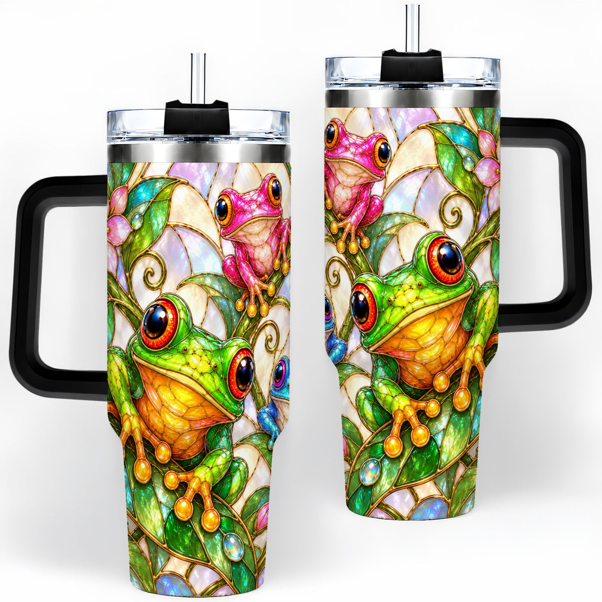 #pl[40oz|Black] Colorful Frog 40oz Tumbler, Stained Glass Style Floral Artwork