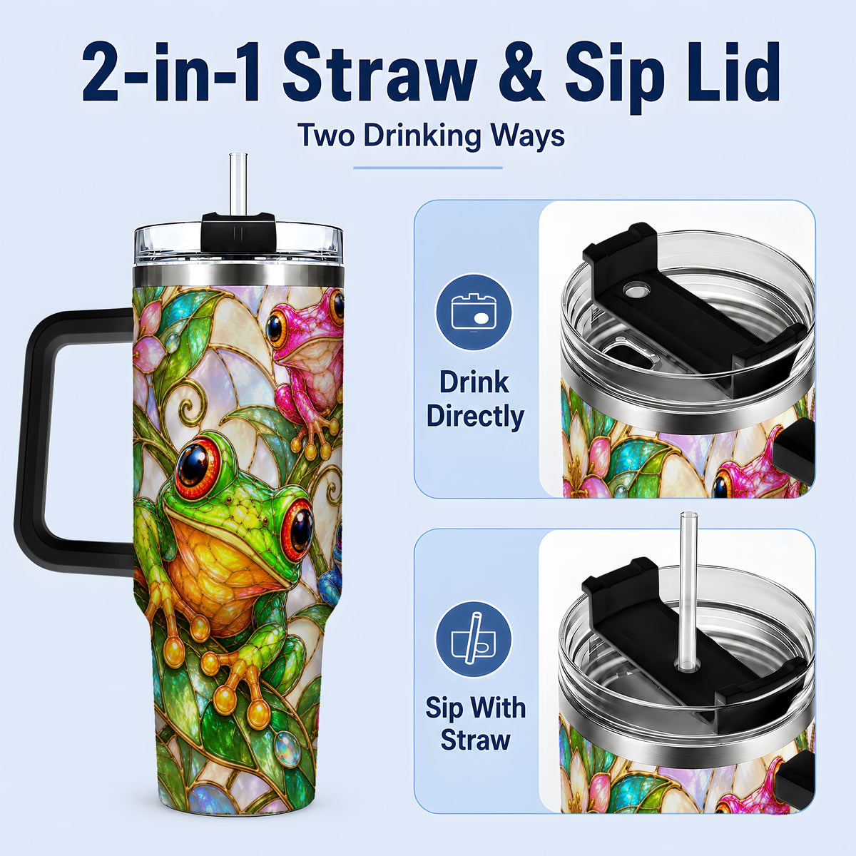 #pl[40oz|Black] Colorful Frog 40oz Tumbler, Stained Glass Style Floral Artwork