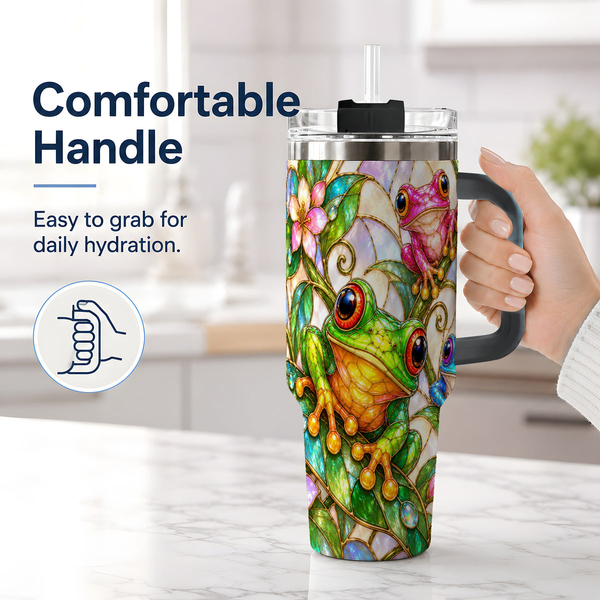 #pl[40oz|Black] Colorful Frog 40oz Tumbler, Stained Glass Style Floral Artwork