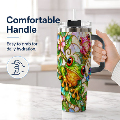 #pl[40oz|Black] Colorful Frog 40oz Tumbler, Stained Glass Style Floral Artwork