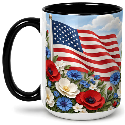 #pl[15oz|Black] American Flag Floral Ceramic Mug, Red White Blue Artwork