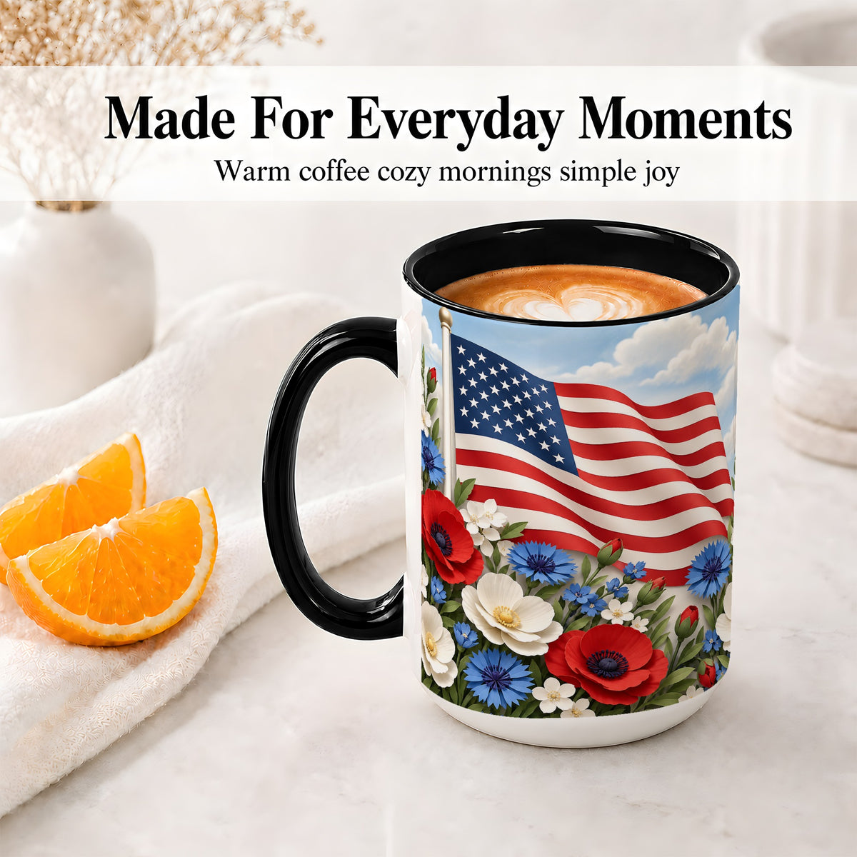 #pl[15oz|Black] American Flag Floral Ceramic Mug, Red White Blue Artwork