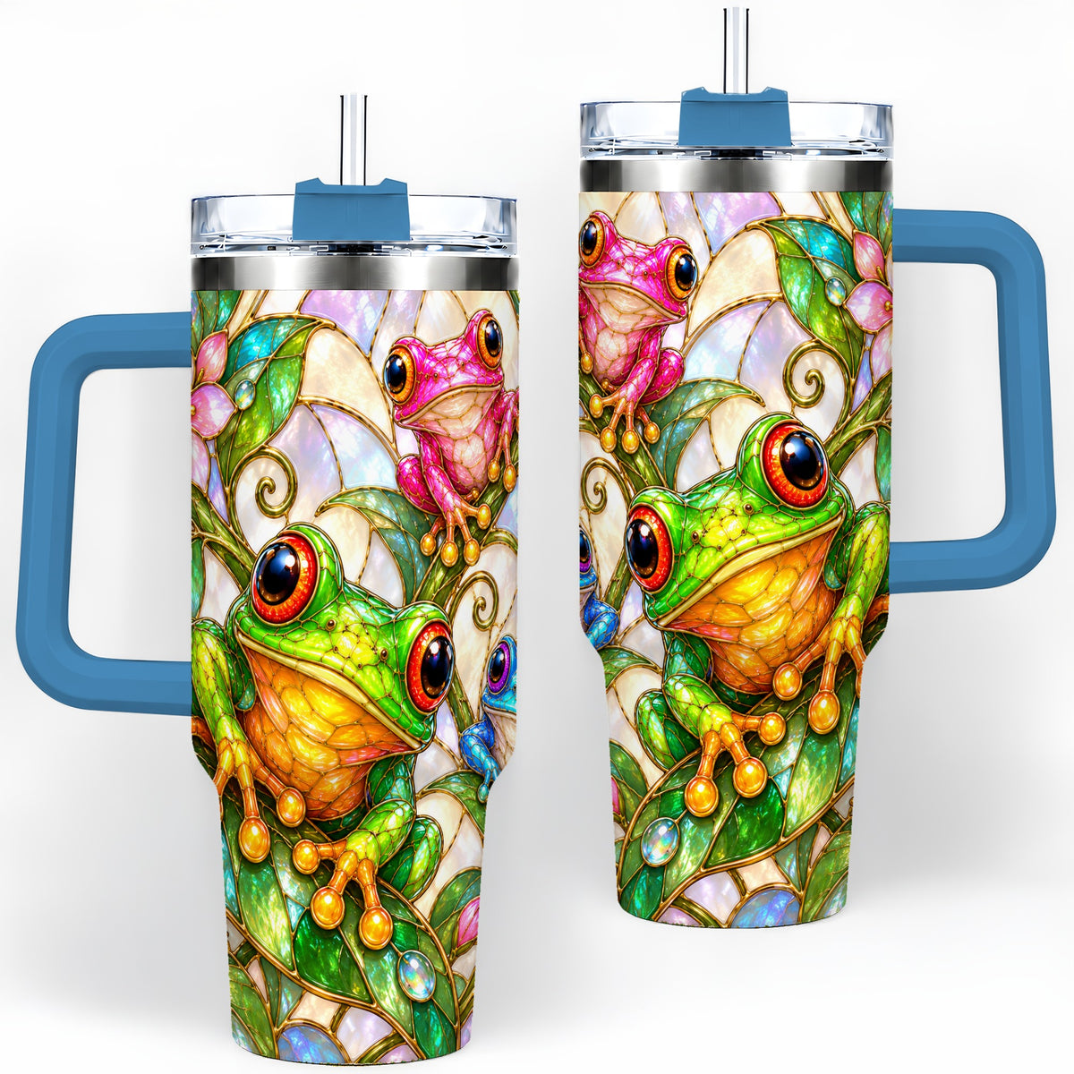 #pl[40oz|Blue] Colorful Frog 40oz Tumbler, Stained Glass Style Floral Artwork