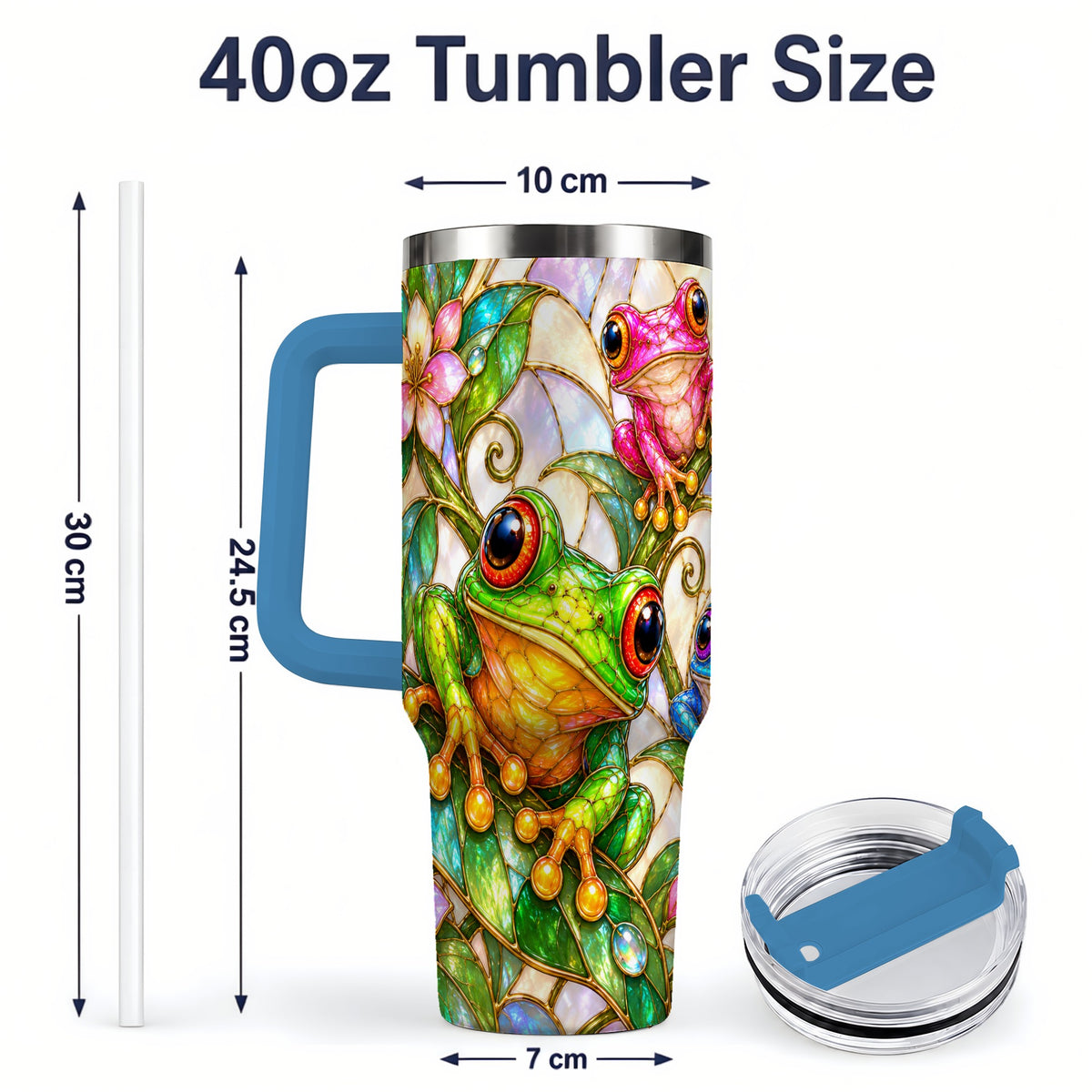 #pl[40oz|Blue] Colorful Frog 40oz Tumbler, Stained Glass Style Floral Artwork