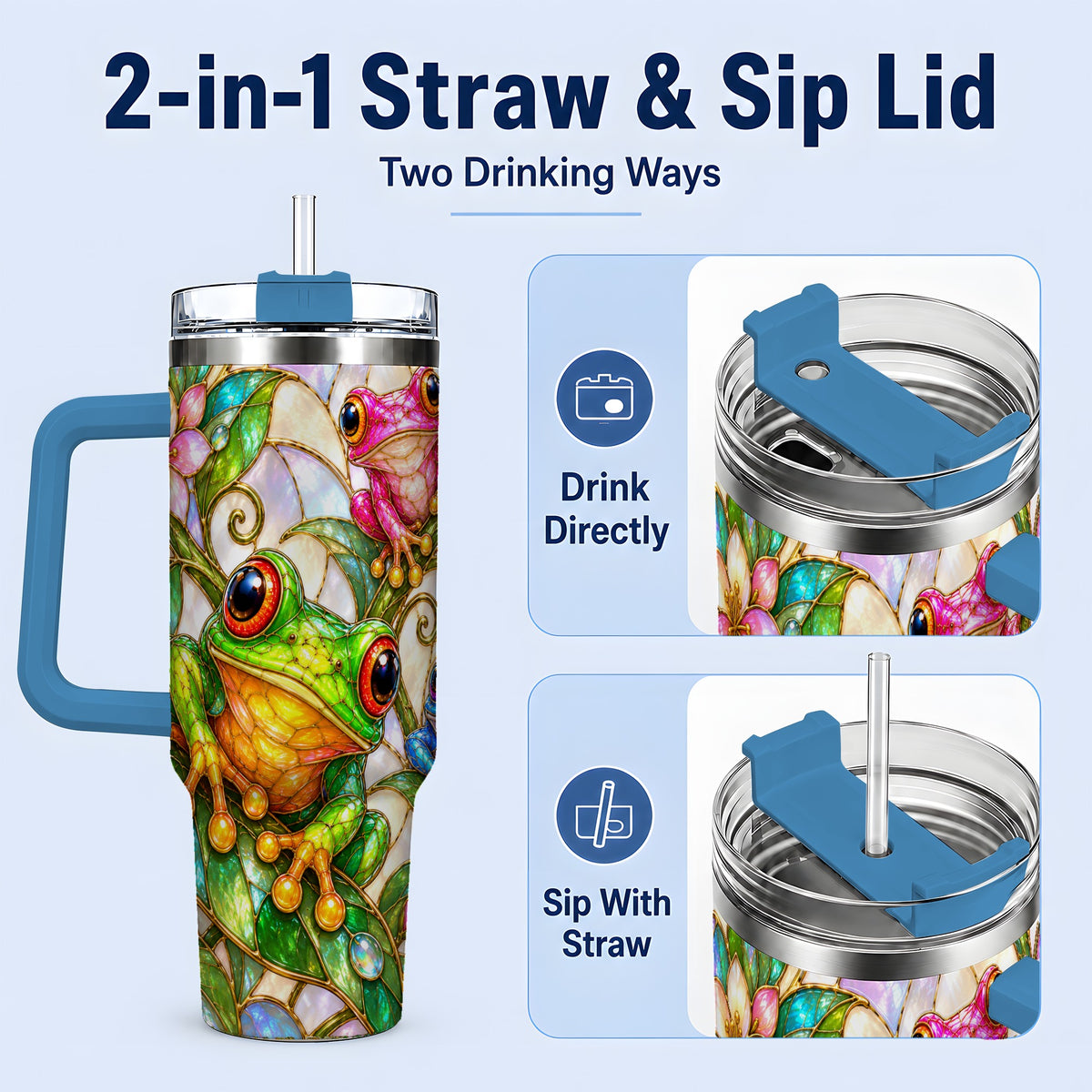 #pl[40oz|Blue] Colorful Frog 40oz Tumbler, Stained Glass Style Floral Artwork