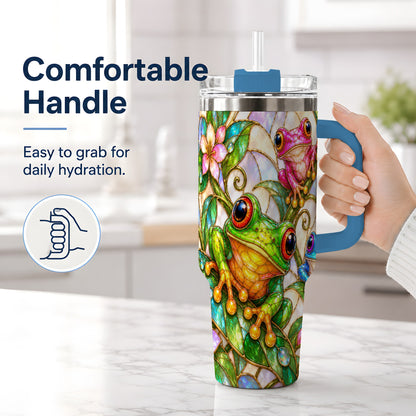 #pl[40oz|Blue] Colorful Frog 40oz Tumbler, Stained Glass Style Floral Artwork