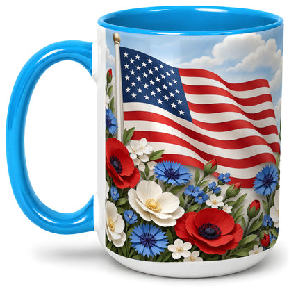 #pl[15oz|Blue] American Flag Floral Ceramic Mug, Red White Blue Artwork