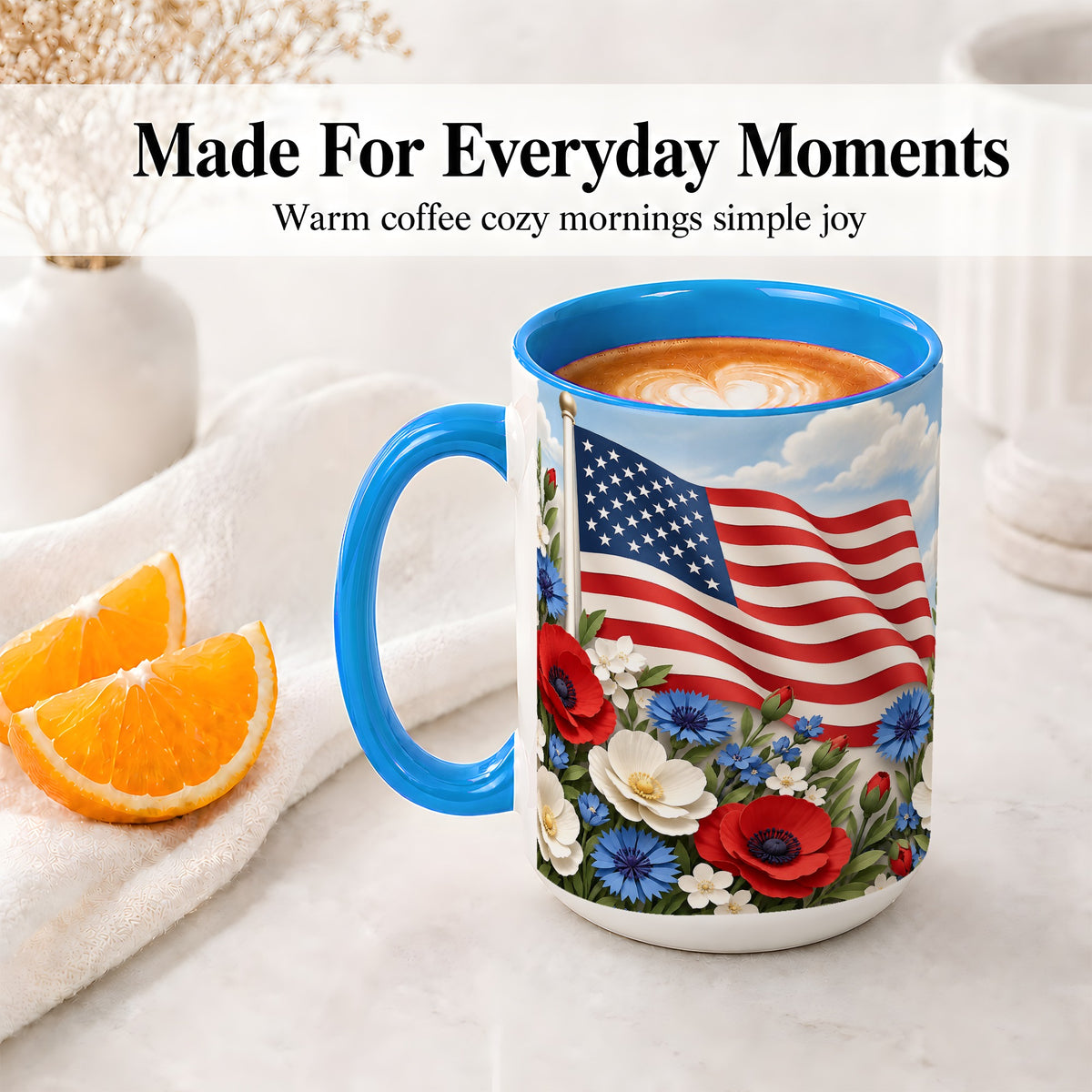 #pl[15oz|Blue] American Flag Floral Ceramic Mug, Red White Blue Artwork