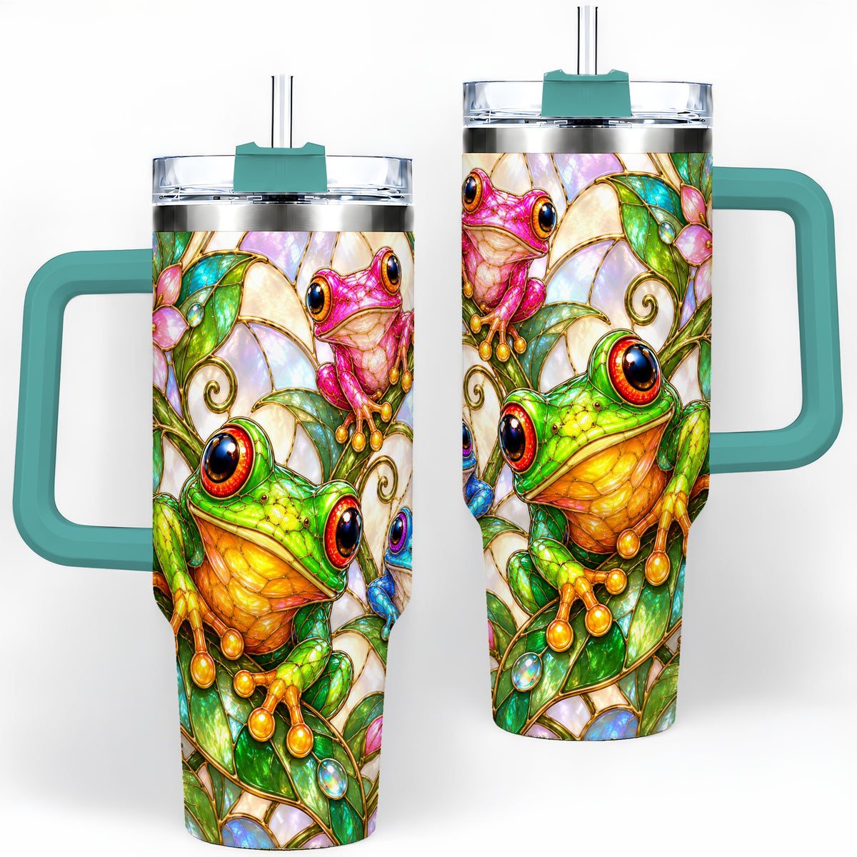 #pl[40oz|Green] Colorful Frog 40oz Tumbler, Stained Glass Style Floral Artwork
