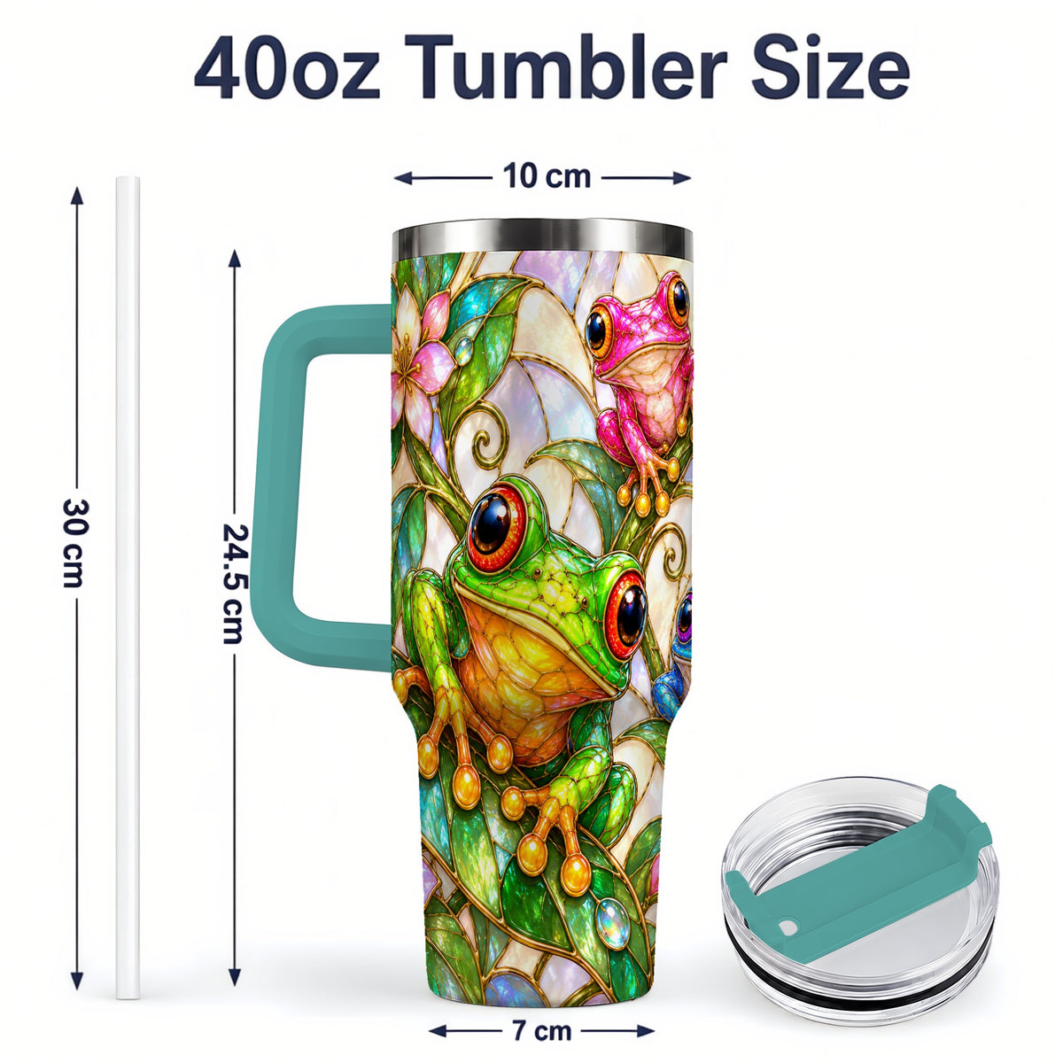 #pl[40oz|Green] Colorful Frog 40oz Tumbler, Stained Glass Style Floral Artwork