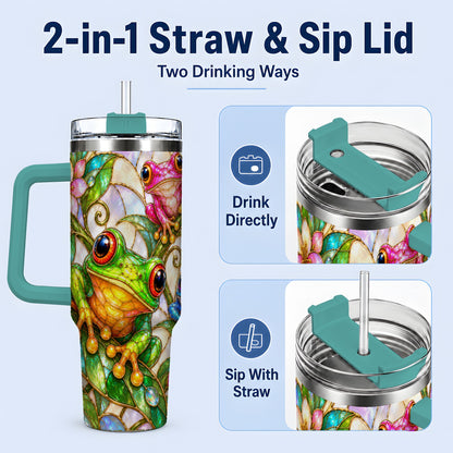 #pl[40oz|Green] Colorful Frog 40oz Tumbler, Stained Glass Style Floral Artwork
