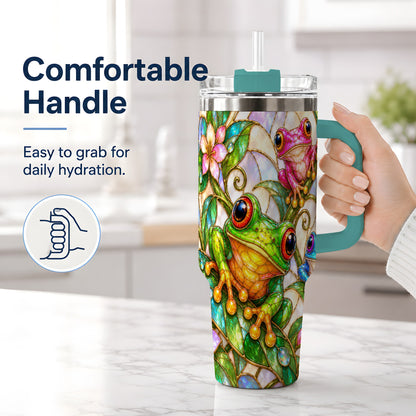 #pl[40oz|Green] Colorful Frog 40oz Tumbler, Stained Glass Style Floral Artwork
