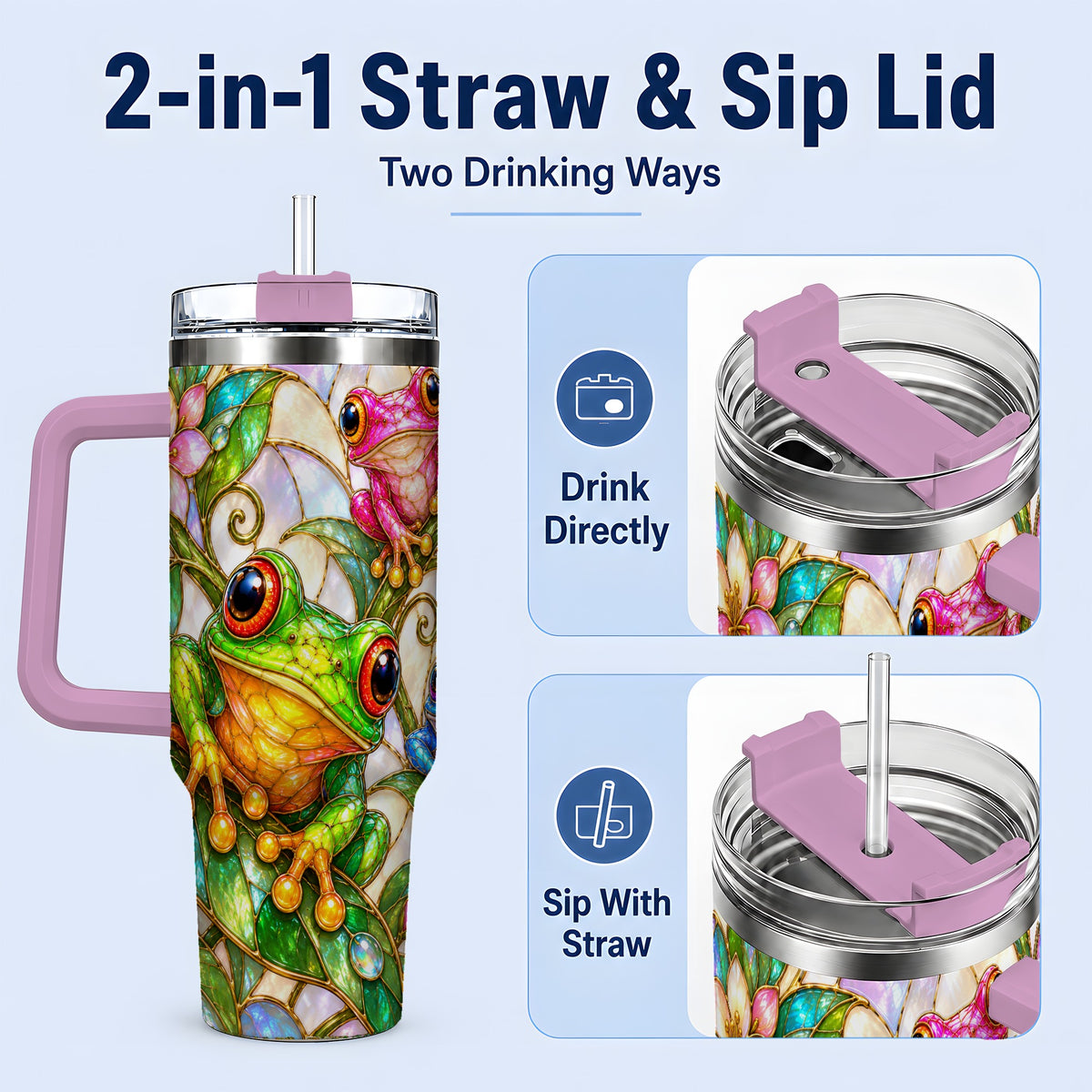 #pl[40oz|Pink] Colorful Frog 40oz Tumbler, Stained Glass Style Floral Artwork