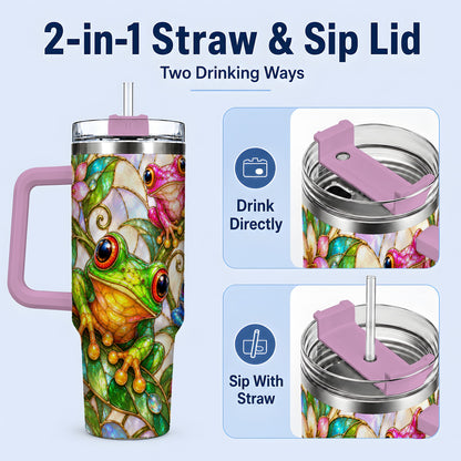 #pl[40oz|Pink] Colorful Frog 40oz Tumbler, Stained Glass Style Floral Artwork