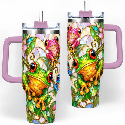 #pl[40oz|Pink] Colorful Frog 40oz Tumbler, Stained Glass Style Floral Artwork