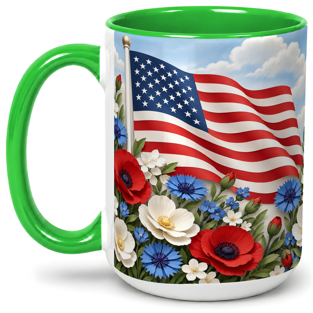 #pl[15oz|Green] American Flag Floral Ceramic Mug, Red White Blue Artwork