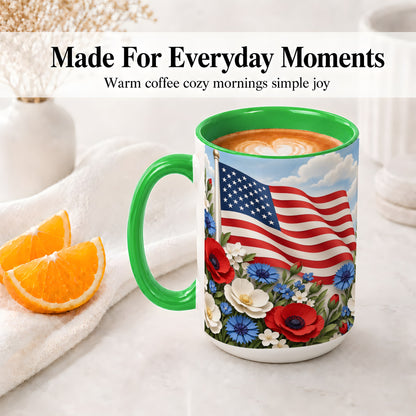 #pl[15oz|Green] American Flag Floral Ceramic Mug, Red White Blue Artwork