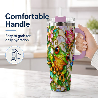 #pl[40oz|Pink] Colorful Frog 40oz Tumbler, Stained Glass Style Floral Artwork