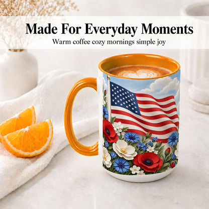 #pl[15oz|Orange] American Flag Floral Ceramic Mug, Red White Blue Artwork