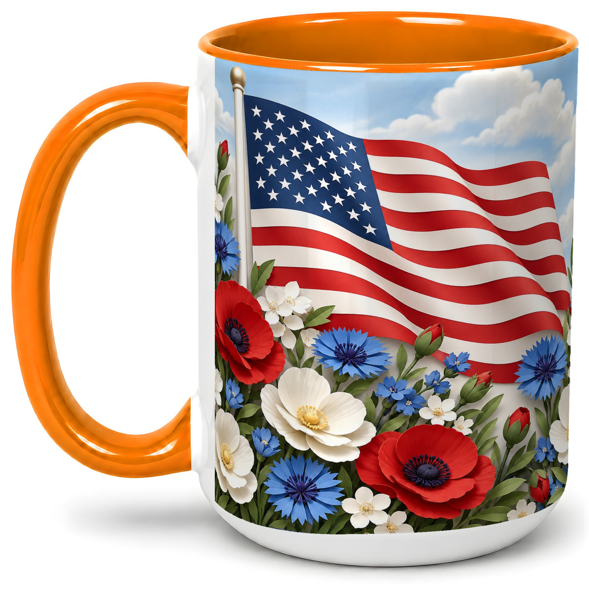 #pl[15oz|Orange] American Flag Floral Ceramic Mug, Red White Blue Artwork