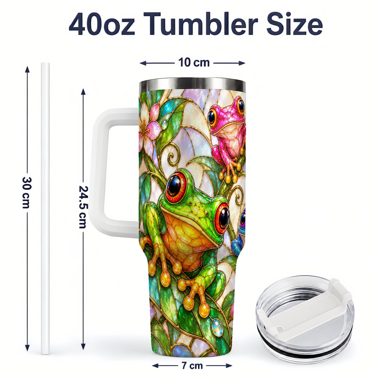 #pl[40oz|White] Colorful Frog 40oz Tumbler, Stained Glass Style Floral Artwork