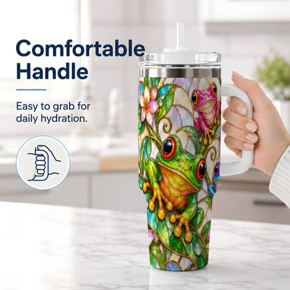 #pl[40oz|White] Colorful Frog 40oz Tumbler, Stained Glass Style Floral Artwork