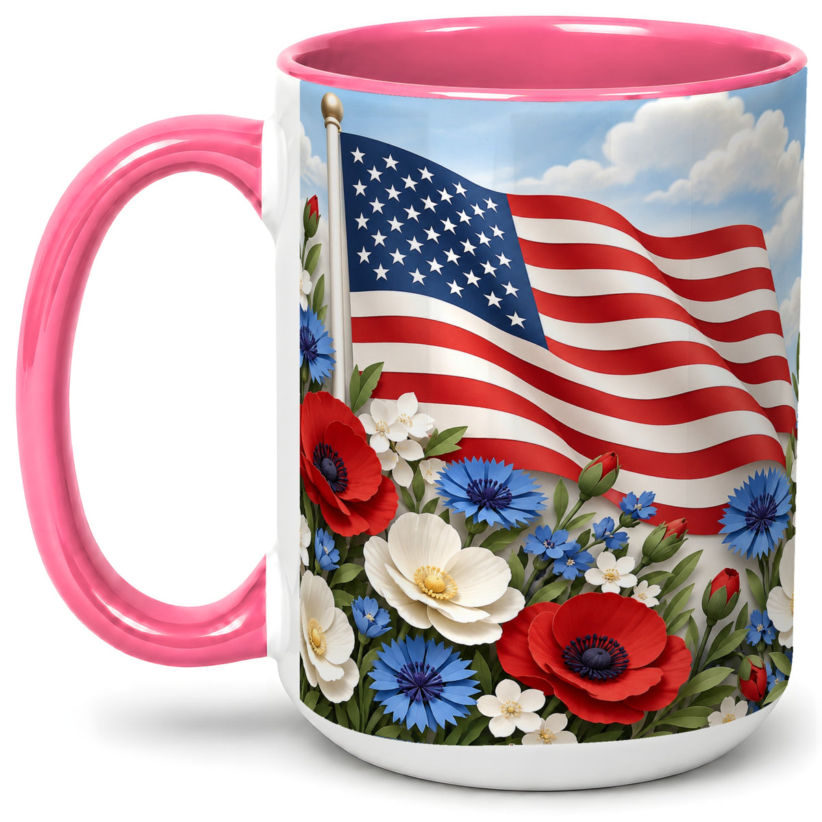 #pl[15oz|Pink] American Flag Floral Ceramic Mug, Red White Blue Artwork
