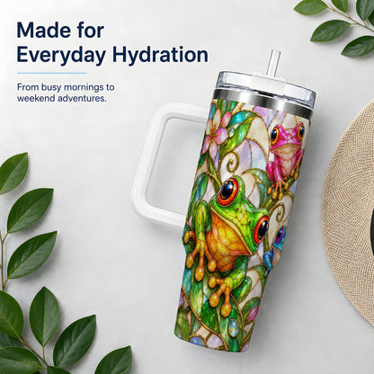 Colorful Frog 40oz Tumbler, Stained Glass Style Floral Artwork