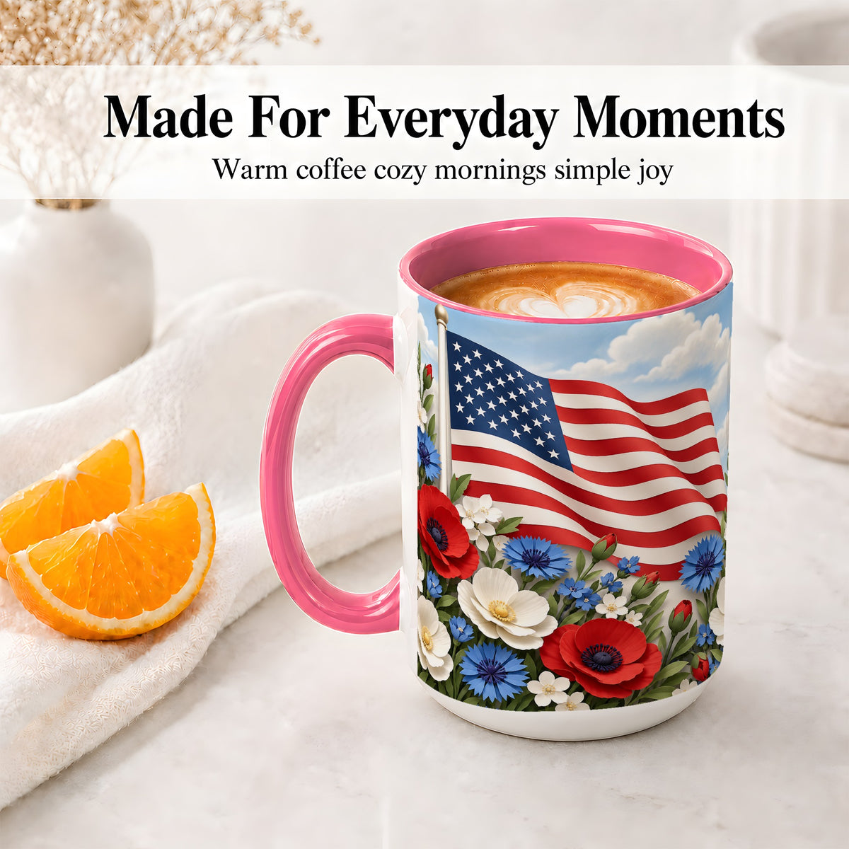 #pl[15oz|Pink] American Flag Floral Ceramic Mug, Red White Blue Artwork