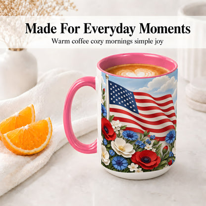 #pl[15oz|Pink] American Flag Floral Ceramic Mug, Red White Blue Artwork