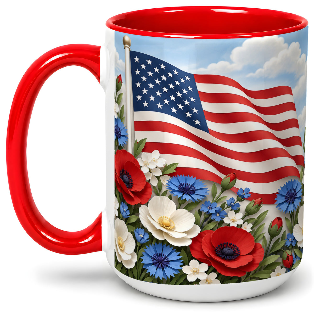 #pl[15oz|Red] American Flag Floral Ceramic Mug, Red White Blue Artwork