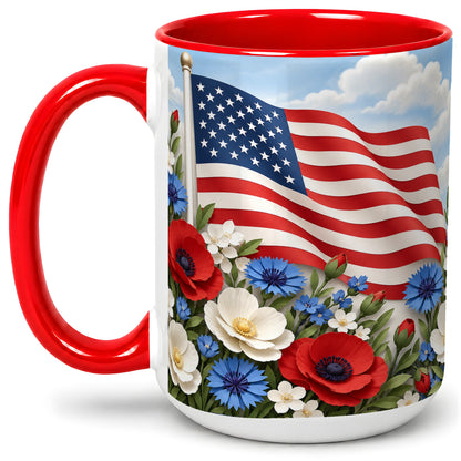 #pl[15oz|Red] American Flag Floral Ceramic Mug, Red White Blue Artwork