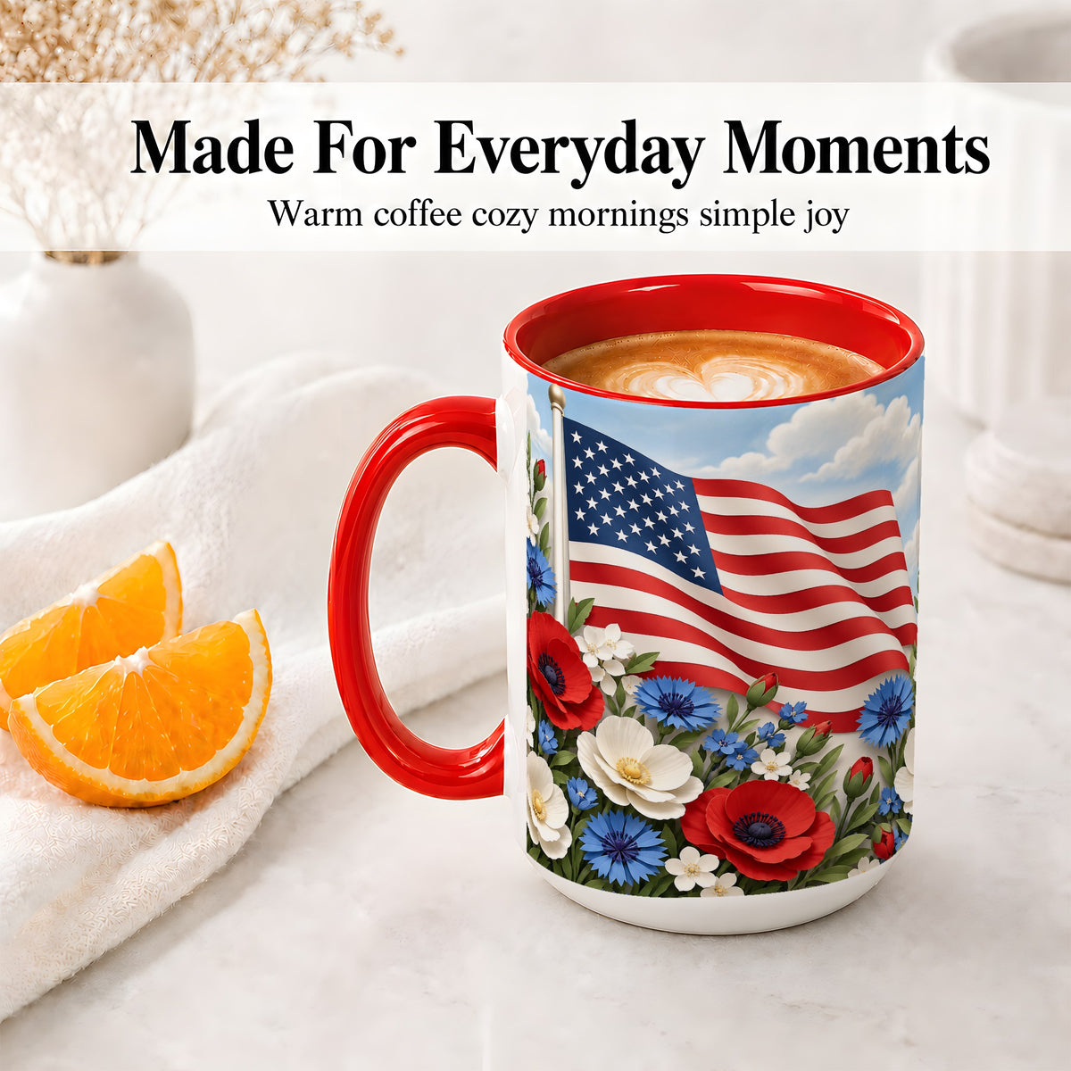 #pl[15oz|Red] American Flag Floral Ceramic Mug, Red White Blue Artwork