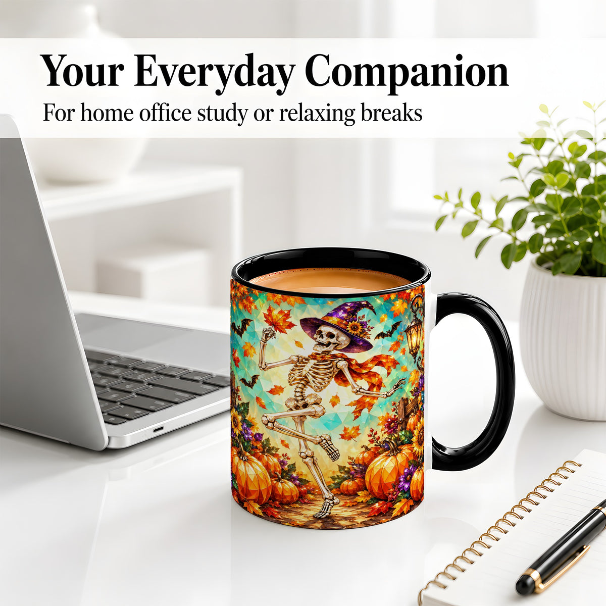 #pl[11oz|Black] Halloween Skeleton Ceramic Mug, Witch Hat Pumpkin Artwork