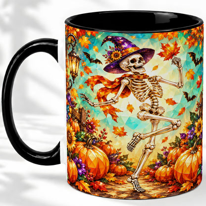 #pl[11oz|Black] Halloween Skeleton Ceramic Mug, Witch Hat Pumpkin Artwork