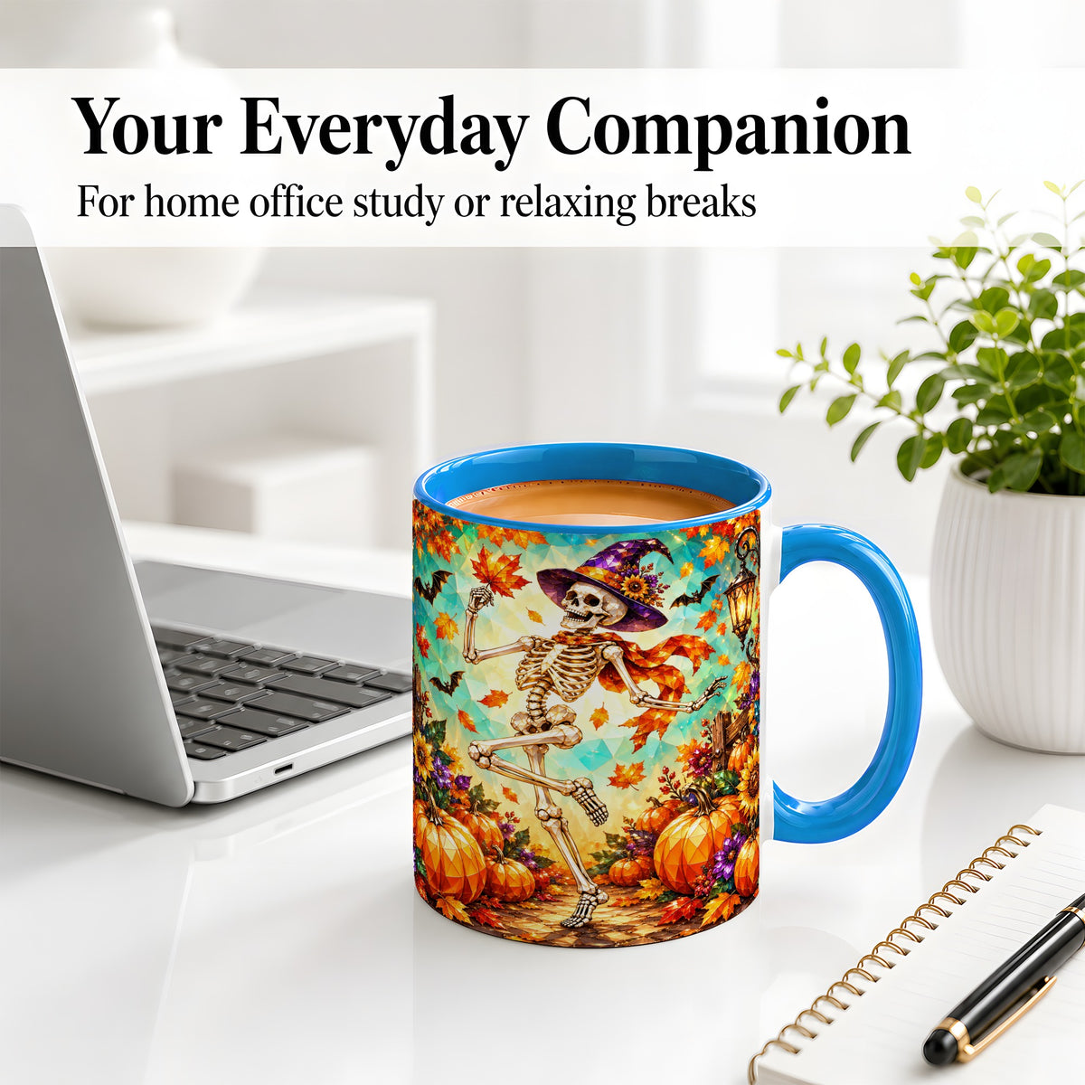 #pl[11oz|Blue] Halloween Skeleton Ceramic Mug, Witch Hat Pumpkin Artwork