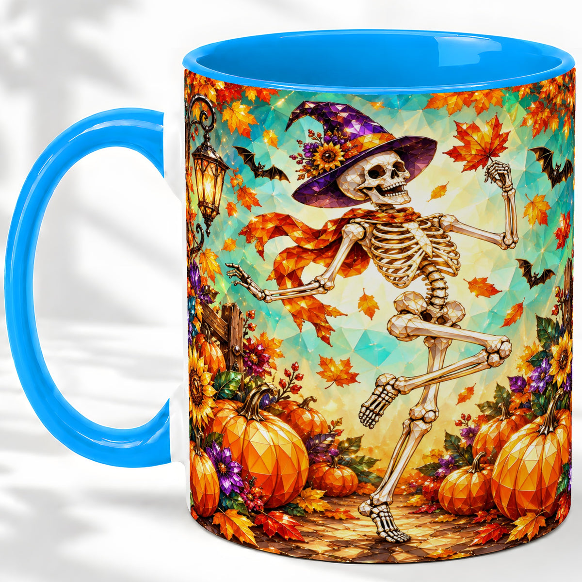 #pl[11oz|Blue] Halloween Skeleton Ceramic Mug, Witch Hat Pumpkin Artwork